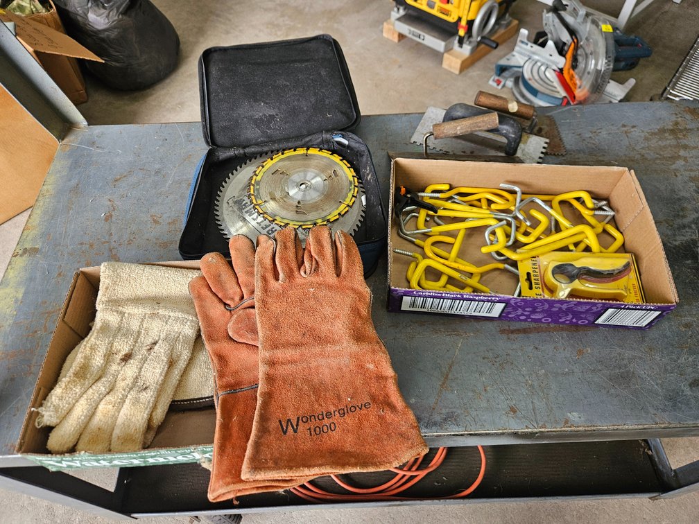 Welding gloves, garage hangers, misc.