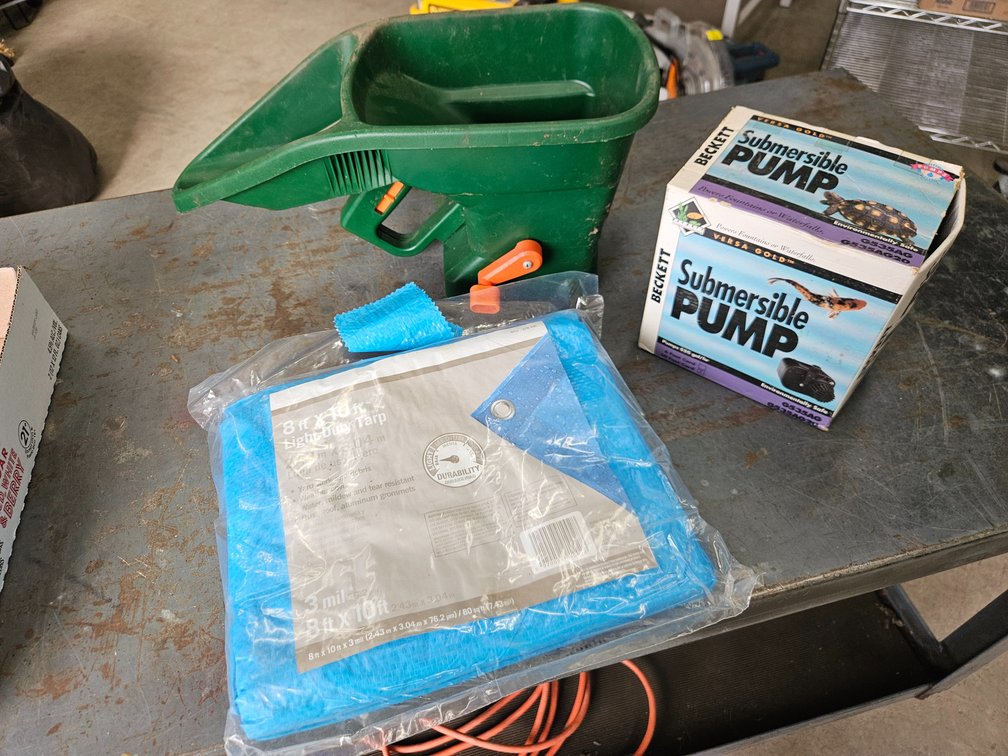 Submersible pump, handy spreader, 8' x 10' tarp