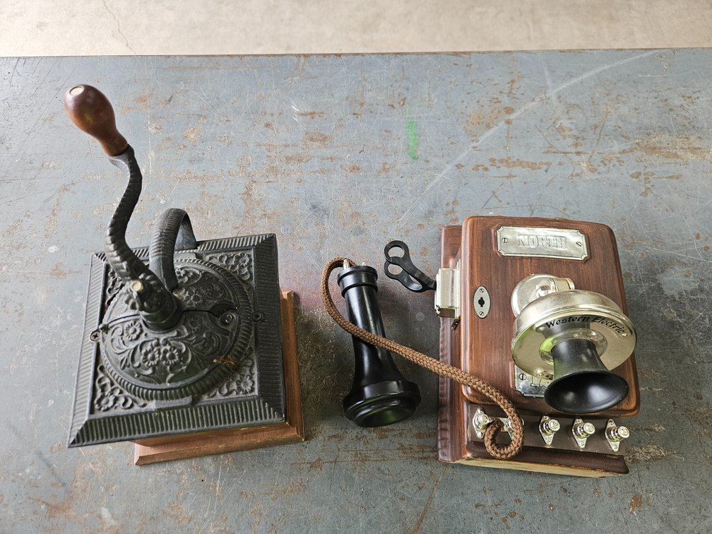 Vintage phone, scale, coffee grinder