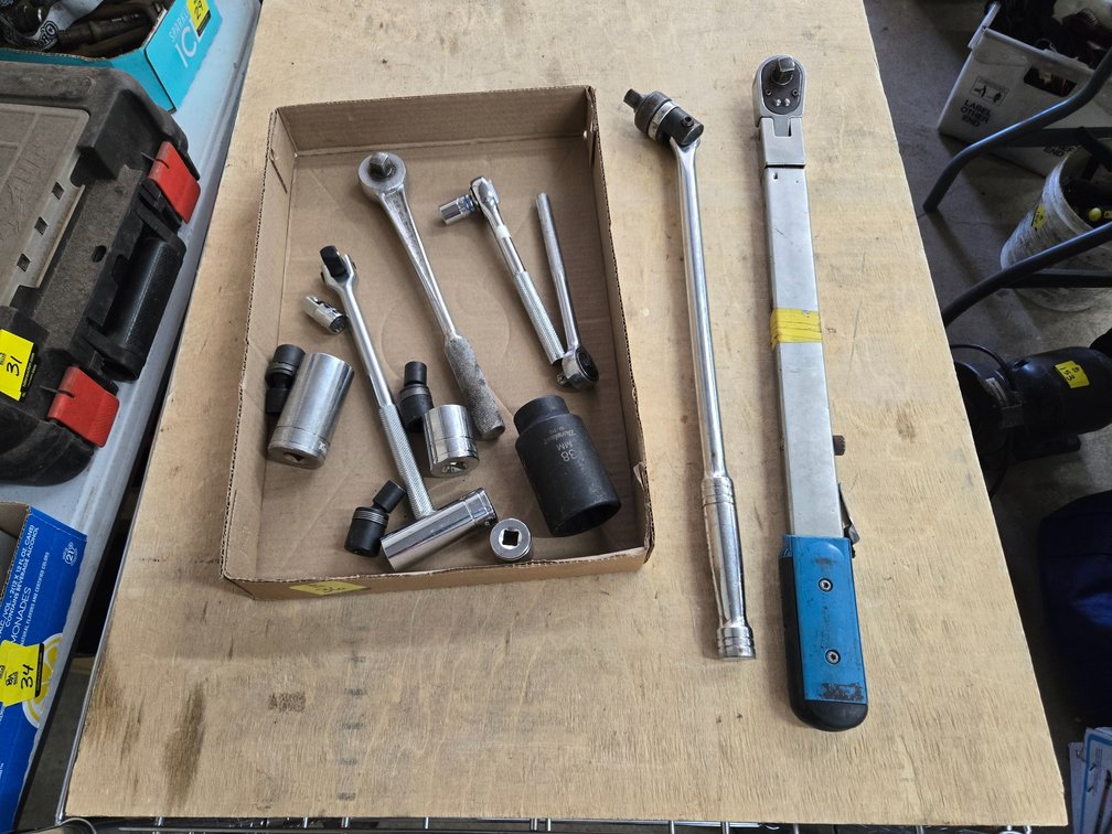 Torque wrench, various ratchets, and sockets