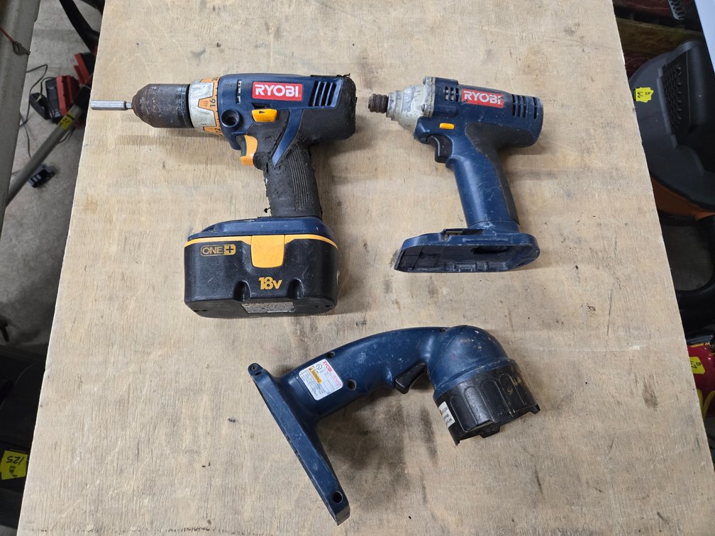 Ryobi drill, impact drill and flashlight