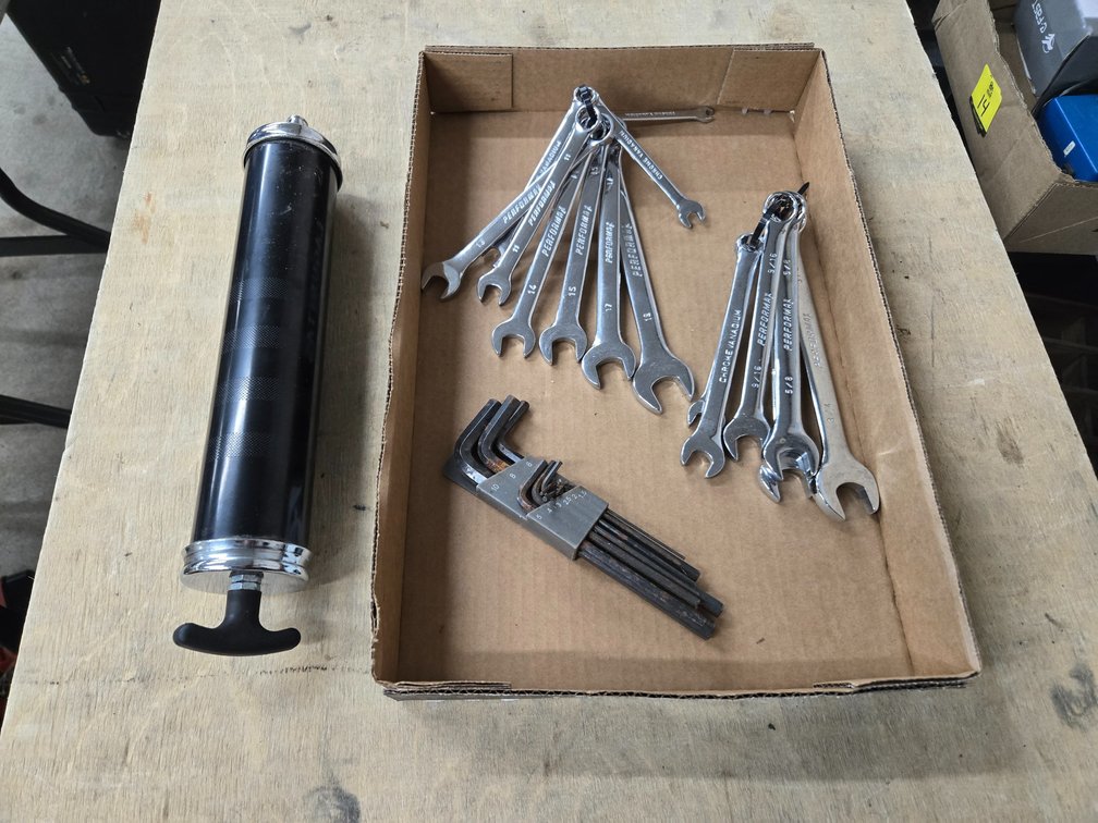 Wrenches, allen wrenches, grease gun