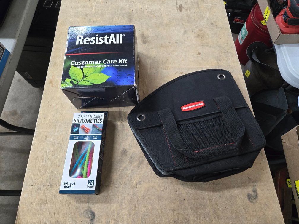 Silicone ties, Customer car care kit, Rubbermaid foldable bag