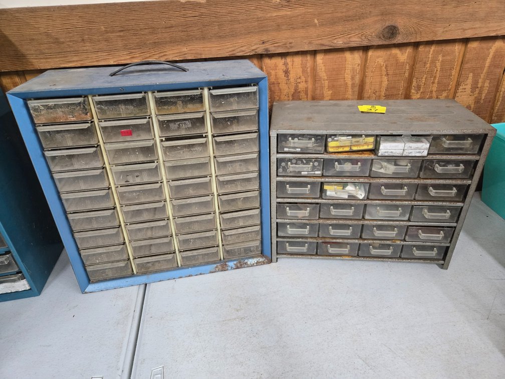 2 Metal organizer bins with contents