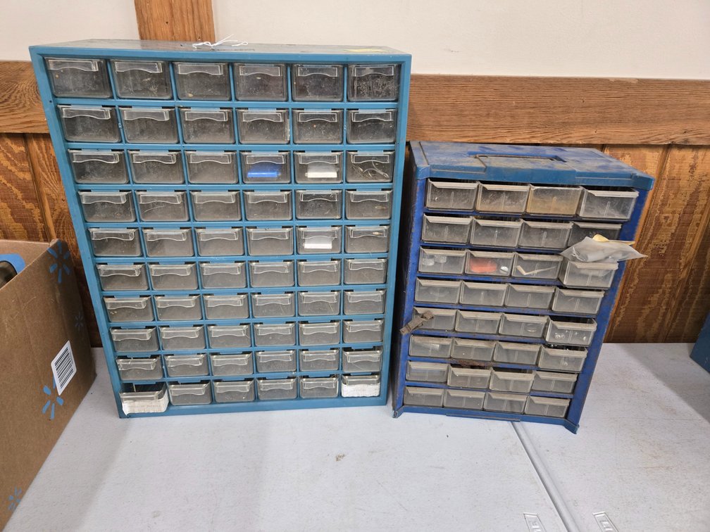 2 Plastic organizer bins with contents
