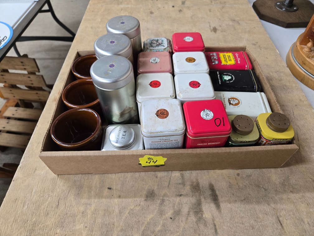 Various tea and spice tins and 3 crocks