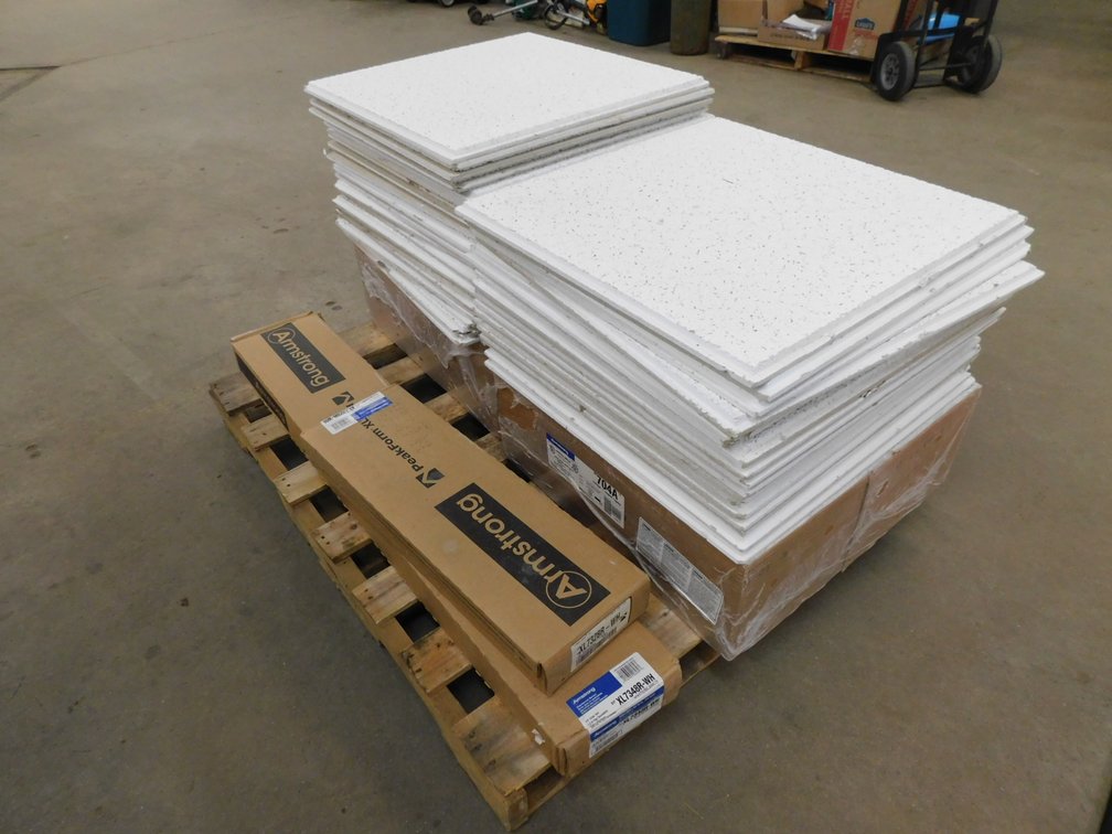 Two New Boxes of 2Ft x 2Ft Ceiling Tile with Track, Some of the Open Tiles have damage