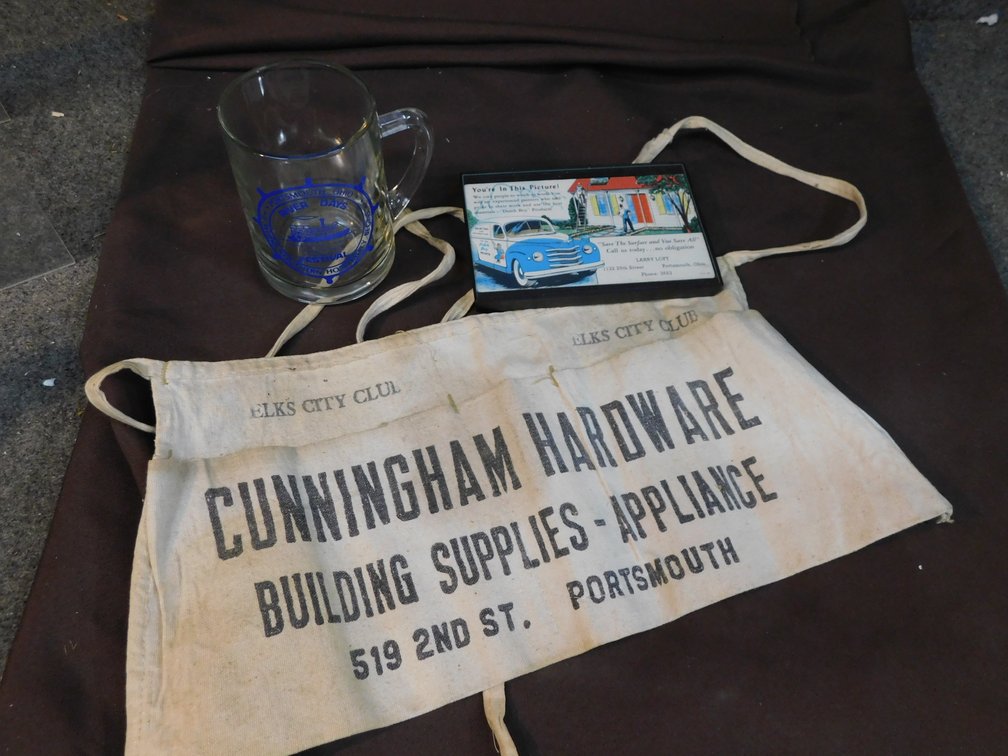 Portsmouth, Ohio Collectible Memorabilia, River Days Mug, Cunningham Hardware Carpenter Apron, Larry Loft