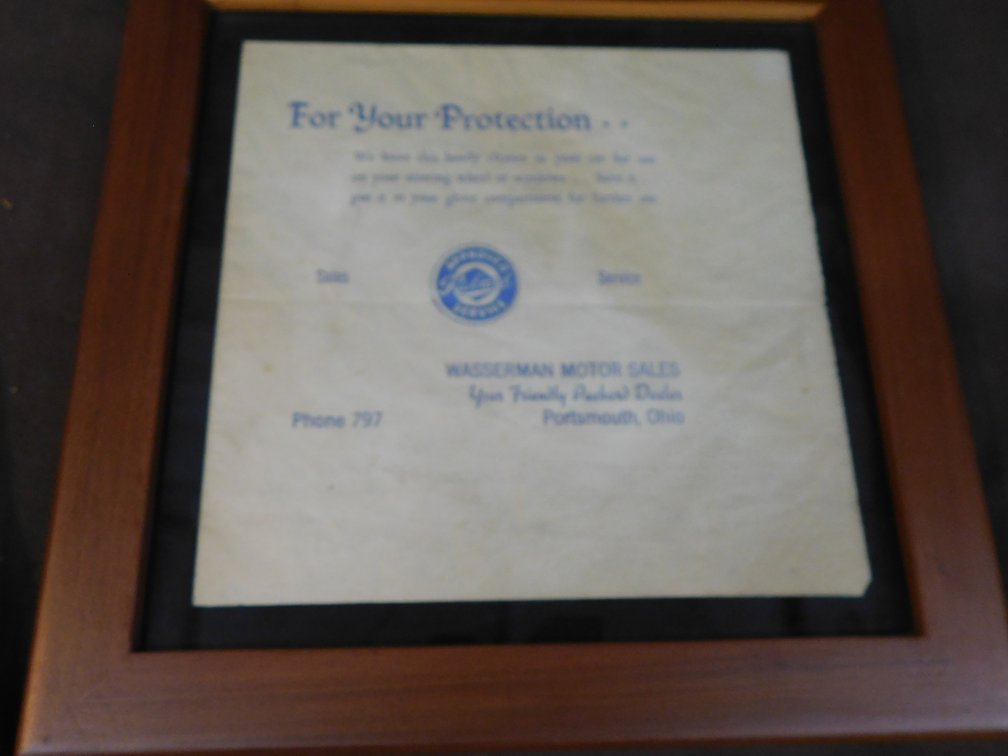 Collectible Vintage Wasserman Motor Sales, Portsmouth, Ohio 12" x 12" Framed
