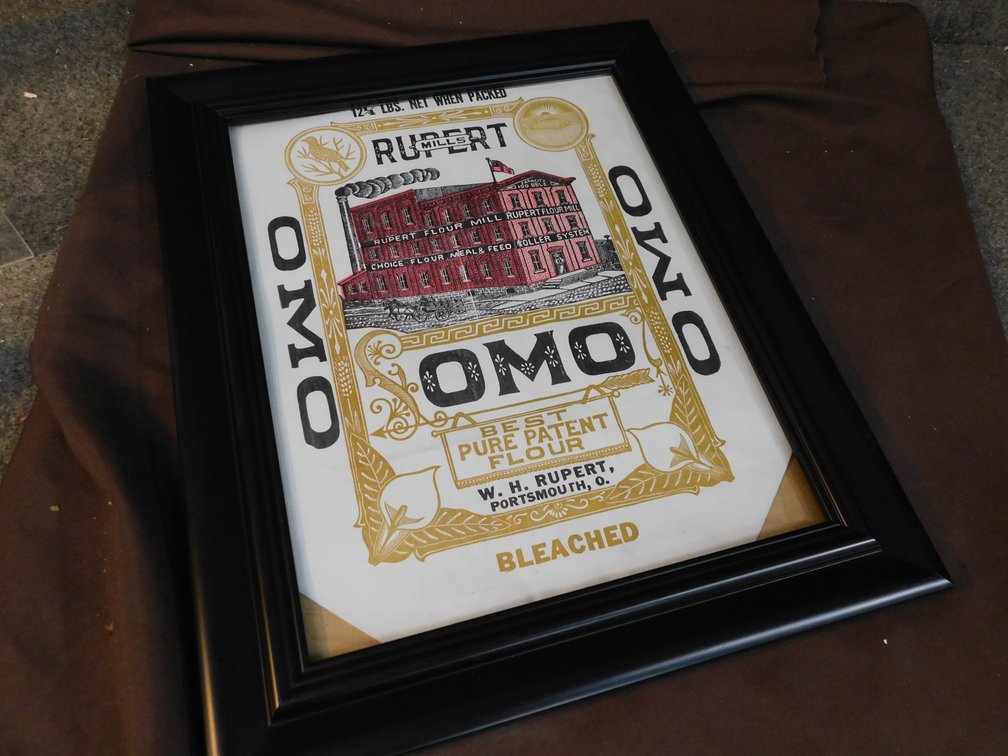 Vintage W. H. Rupert, Portsmouth Ohio Framed Flour Bag 14 1/2" x 17 1/2"