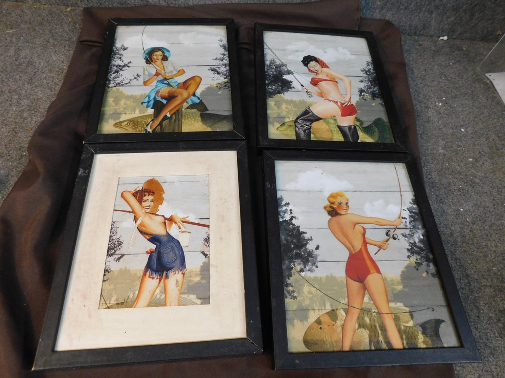 Four Pin Up Girl Framed 8" x 10" Pictures, One Has Damage
