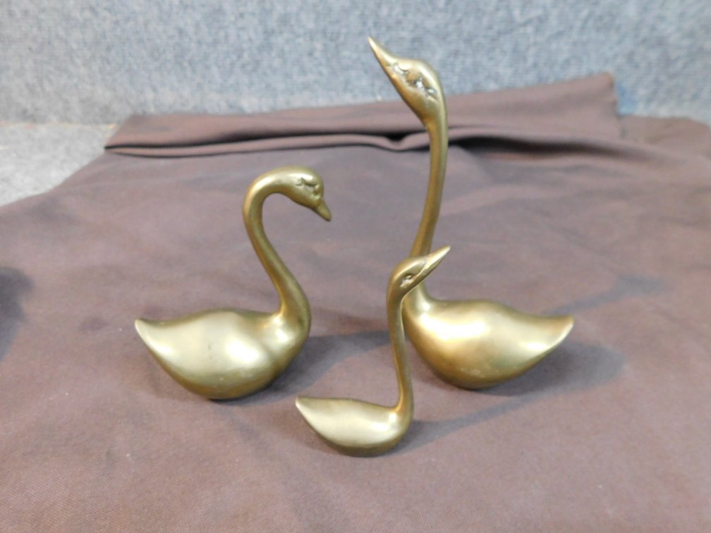 Three Brass Swans, Largest 5" T