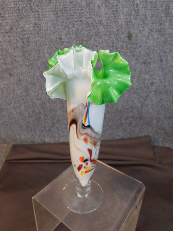 Hand Blown Fluted Ruffled Cased Art Glass Vase 10" T