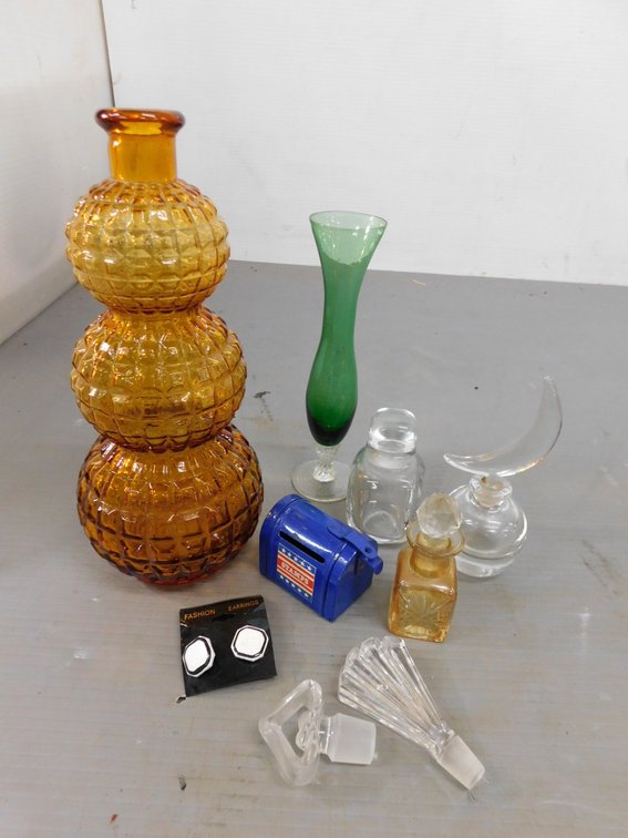 Earrings, Vase, Assorted Bottles with Stoppers etc.