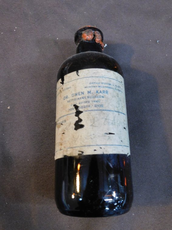 Vintage Dr. Owen M. Karr Veterinary Surgeon, Portsmouth Ohio Medicine Bottle 6 1/2" T