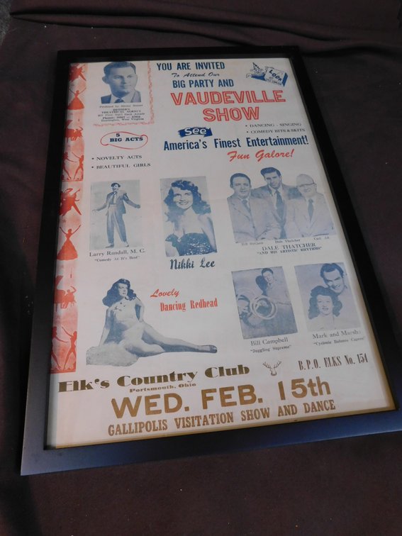 Vintage Elk's Country Club, Portsmouth Ohio, B.P.O Elks No. 154 Advertising Vaudeville Show Framed 12" x 17 1/2"