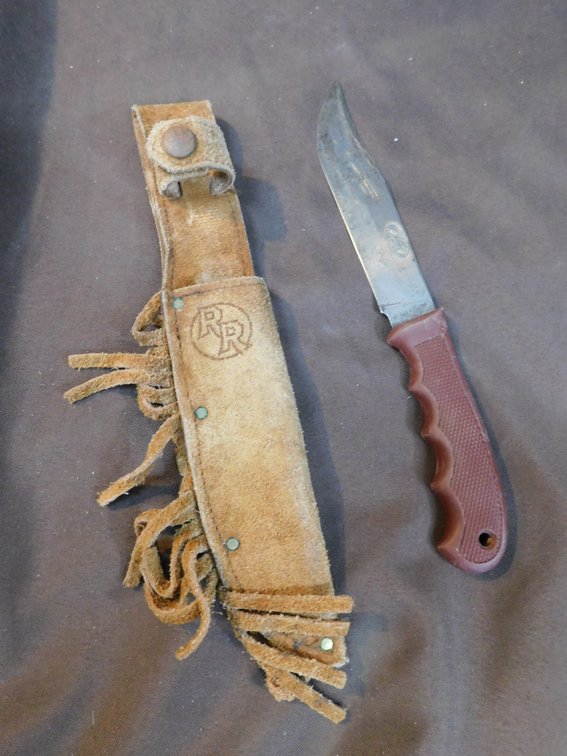 Knife with Leather Sheath Marked "RR", 6" Blade