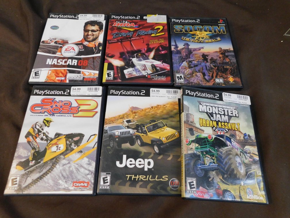 Five PlayStation 2 Games, Nascar08, Socom: US Navy Seals, IHRA Drag Racing 2, Snocross 2, Monster Jame, Jeep Thrills