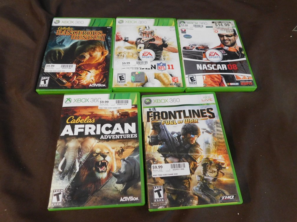 Five XBOX 360 Games, Cabela's African Adventure, Dangerous Hunts 2011, Frontlines, Nascar 08, Madden 11