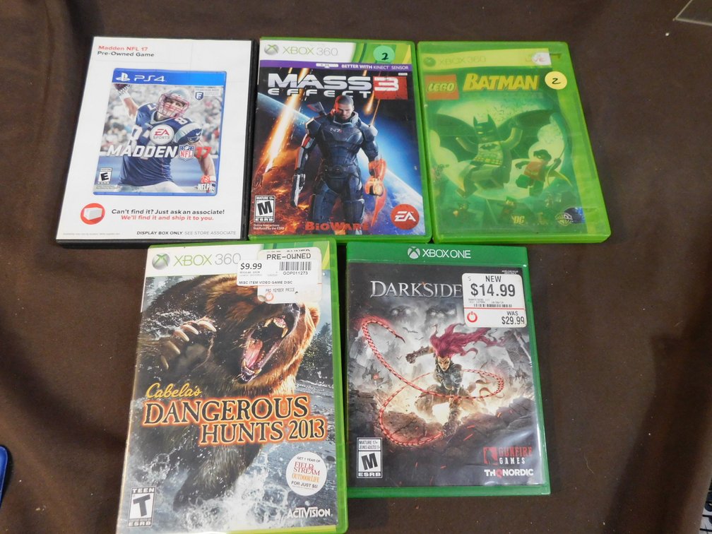 PS4 Game Madden NFL 17, Three XBOX 360, Dangerous Hunts 2013, Mass Effect, Lego Batman, XBOX ONE Darksiders