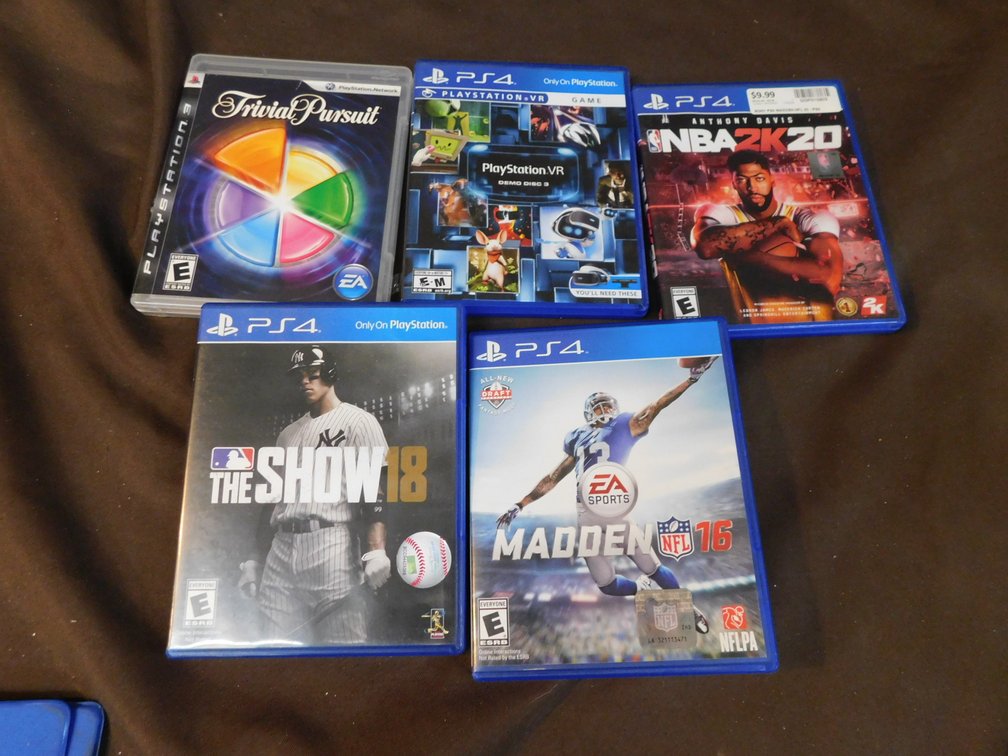 Four PS4 Games, The Show18, Madden16, NBA2K20, PlayStation VR Demo Disk 3, PS3 Game Trivial Pursuit