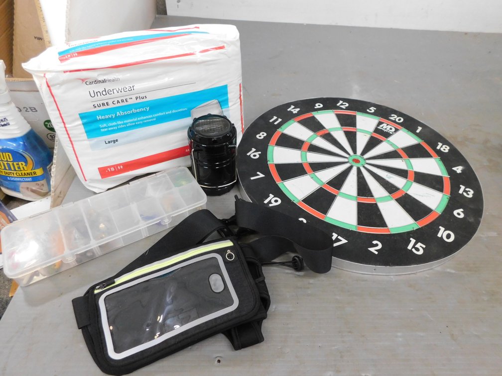 Adult Diapers Size L, Dart Board, Fishing Items etc.