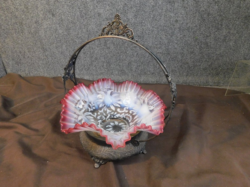 Vintage Victorian Era Bride's Basket Featuring a Ruffled, Pink-Edge Art Glass Bowl 9 3/4" x 12"