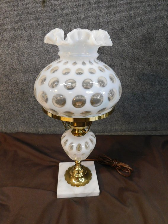 Fenton White Opalescent Coin Dot Lamp with Marble Base 17 1/2" T