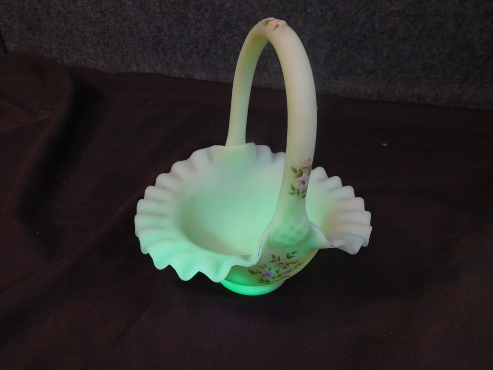Fenton Hand Painted Uranium Glass Artist Signed Basket 6 1/2" T
