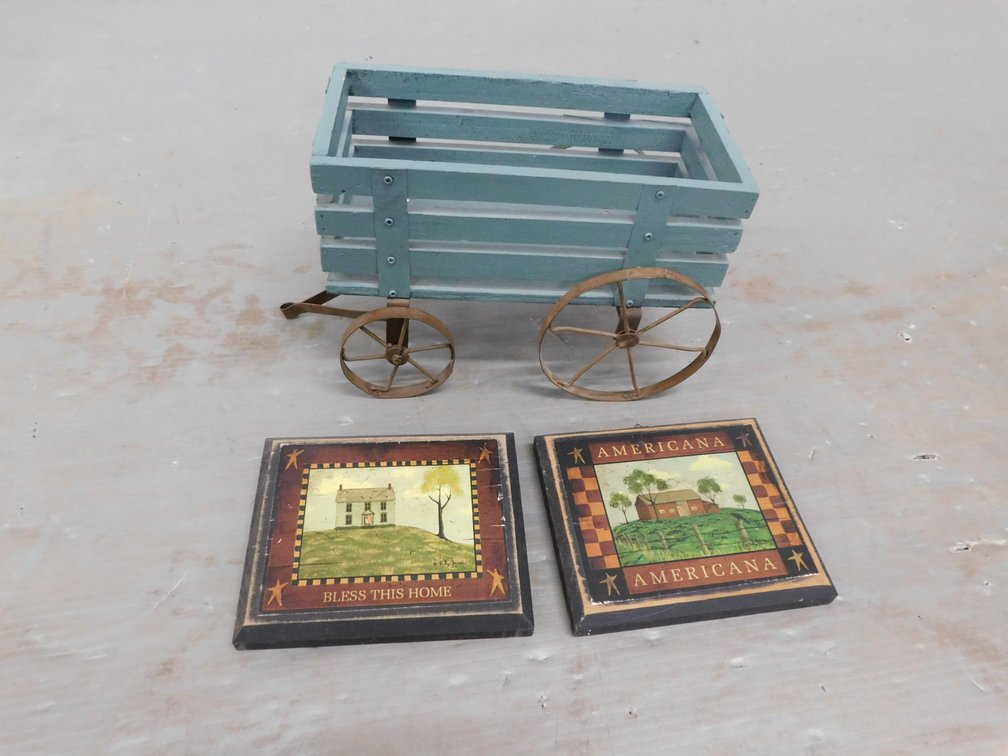 Primitive Wall Hangings 5 1/2" x 6 1/2", Wagon 11" x 5" x 7"