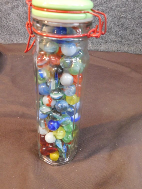 9" T Jar with Marbles, 2 Uranium Marbles