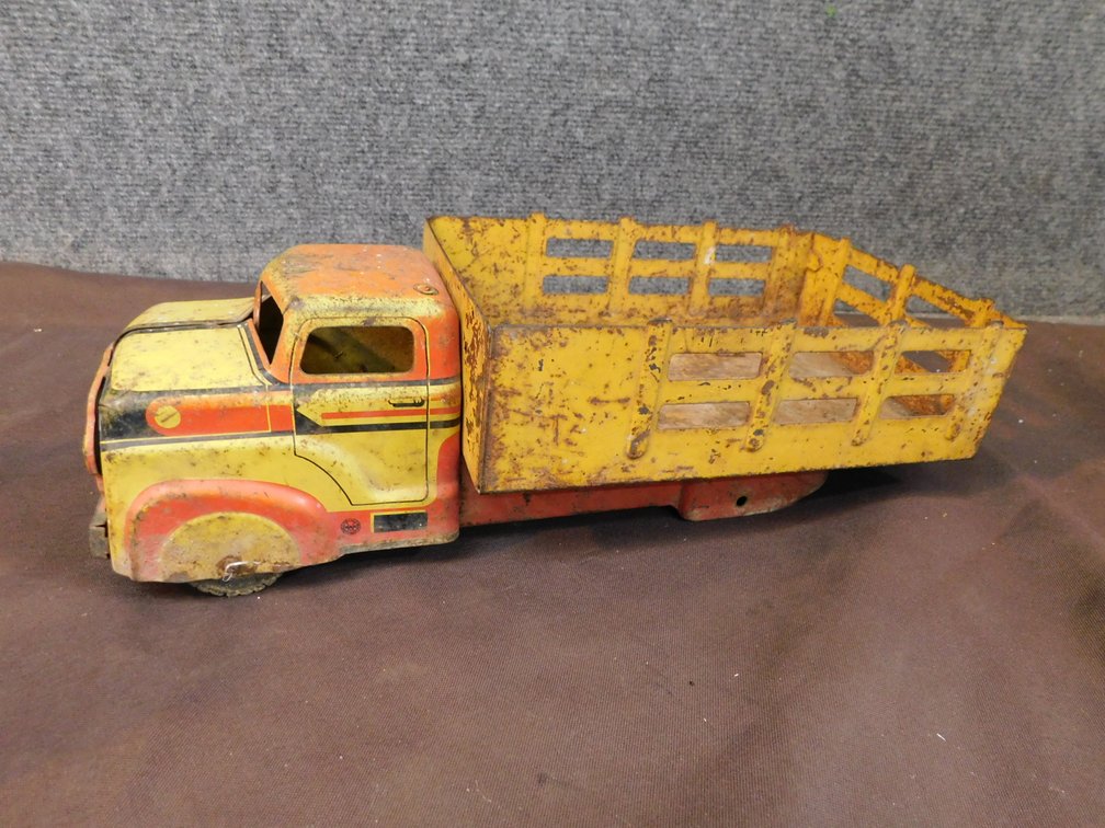 Vintage Marx Lithograph Yellow Pressed Steel Truck, Missing Back Wheels