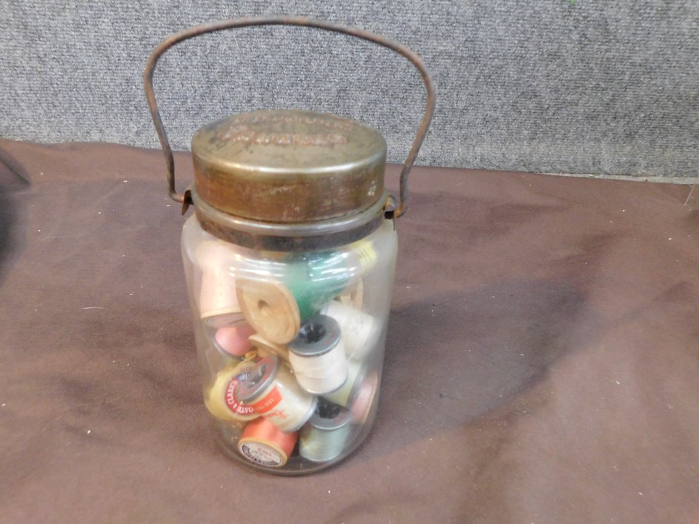 McCalls Country Canning Quart Jar filled with Spools of Thread