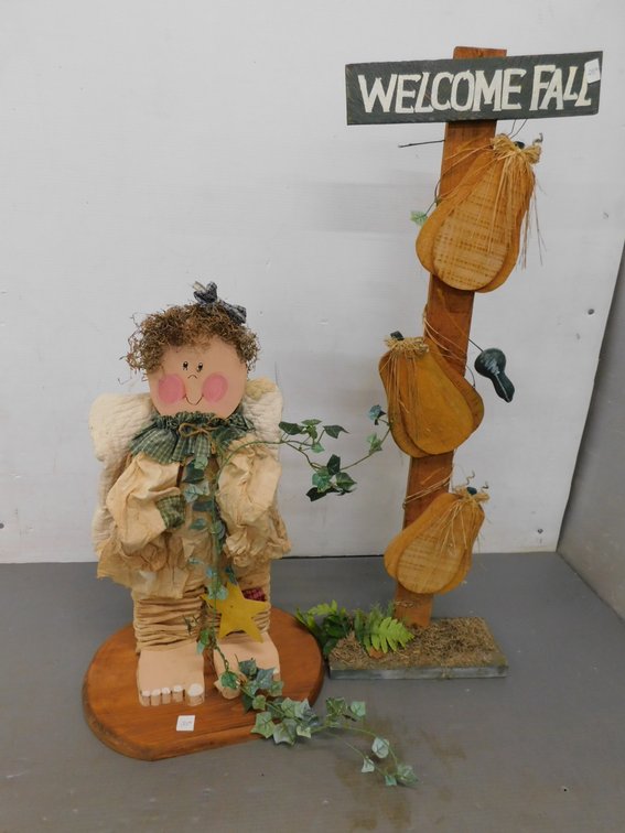 Two Wood Decorative Porch Items, Angel 24"T, Pumpkins 36" T