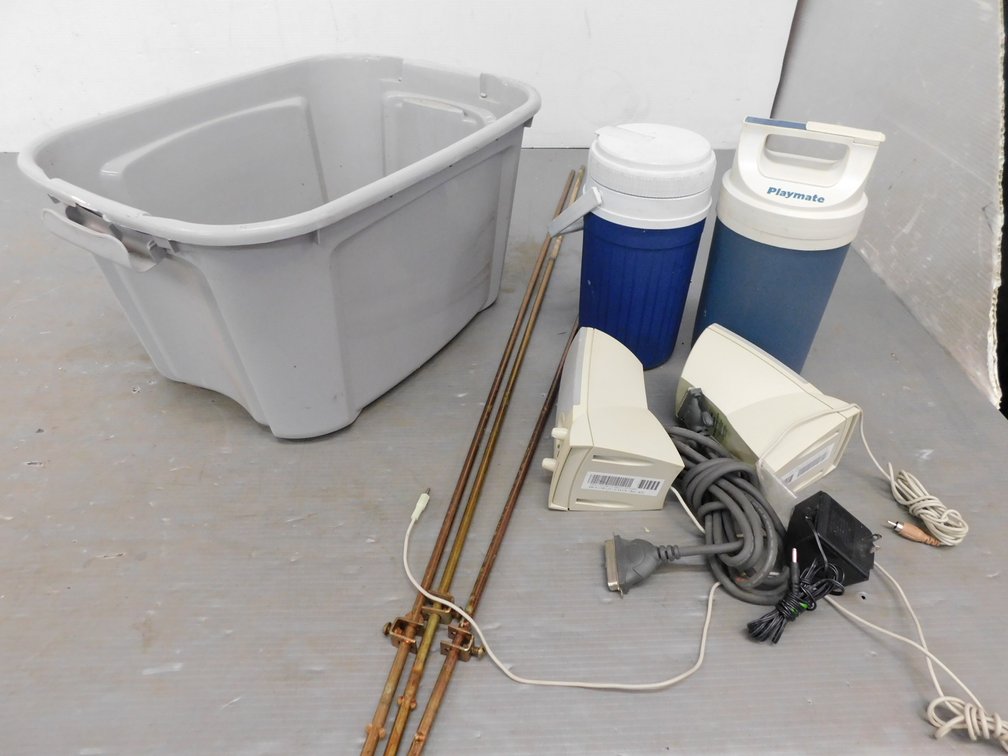 12 Gallon Tote with Thermal Water Jugs, Grounding Rods etc.