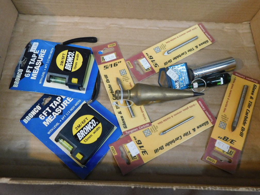 Plumb Bob, Glas & Tile Carbide Drill Bits, Two 6ft Tape Measures, Deep Well 6 Point 1/2" Dr x 11/16" Socket