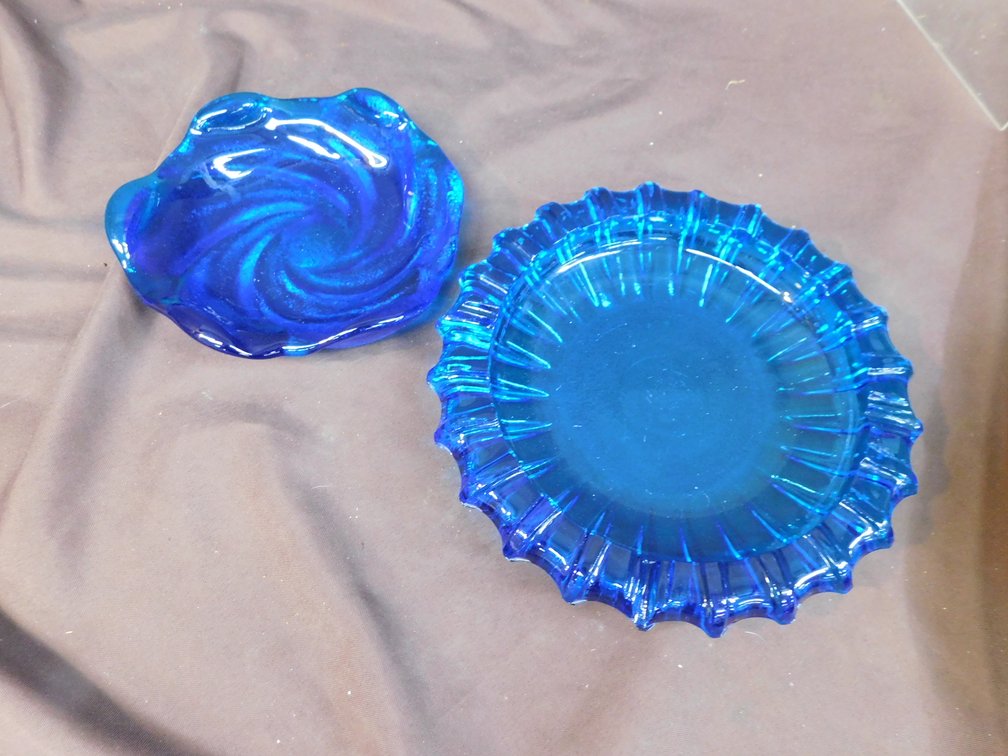 Set of Two Blue Glass Ash Trays