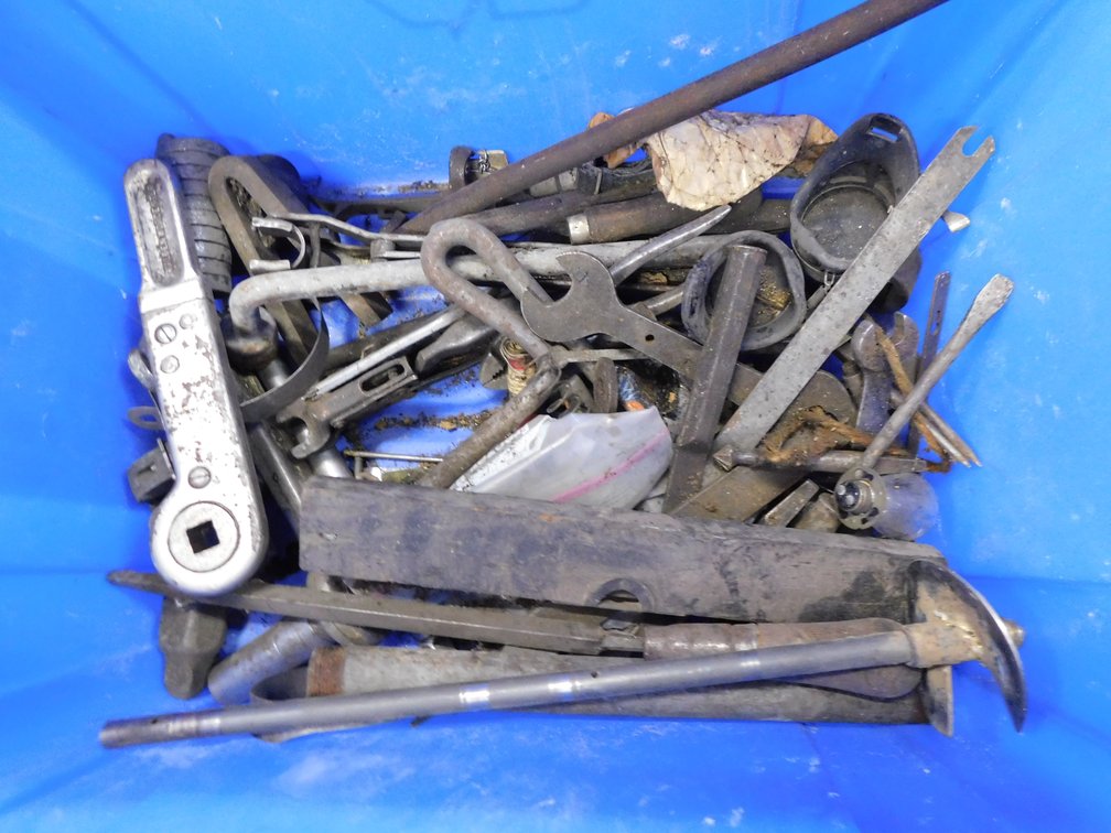 Assorted vintage Tools And Hardware in Blue Tote
