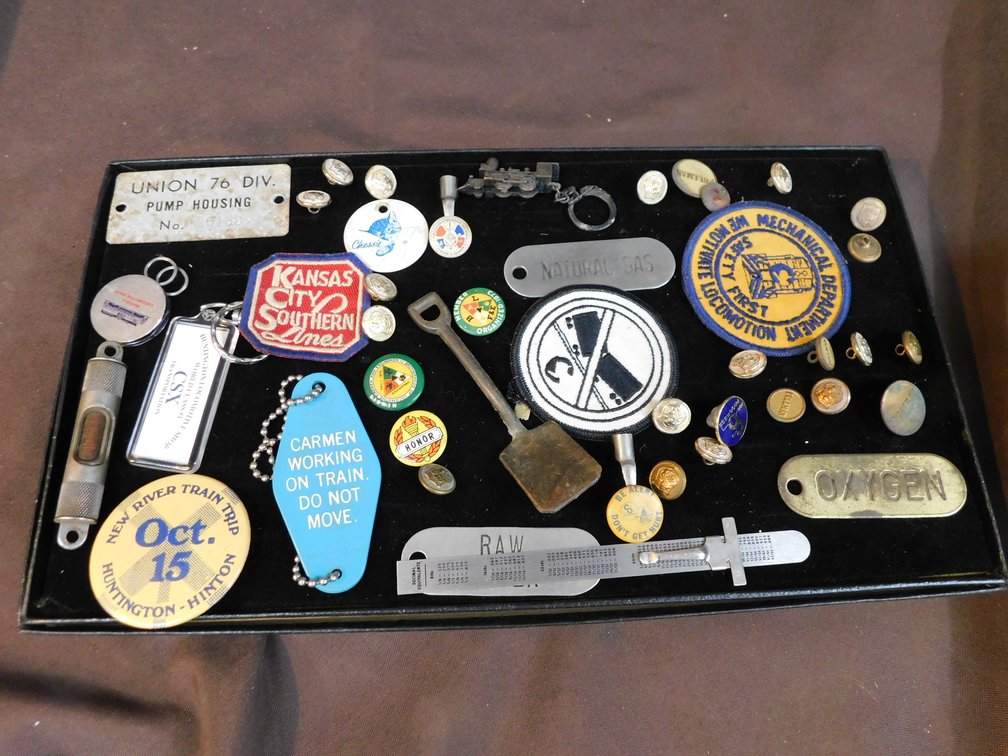 Collectible Railroad Items in Display Case 8" x 14 1/2"