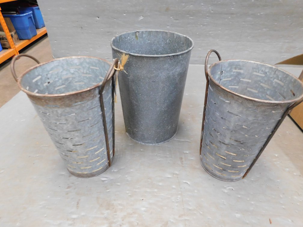 Three Decorative Galvanized Pails 10", 12" & 13" T