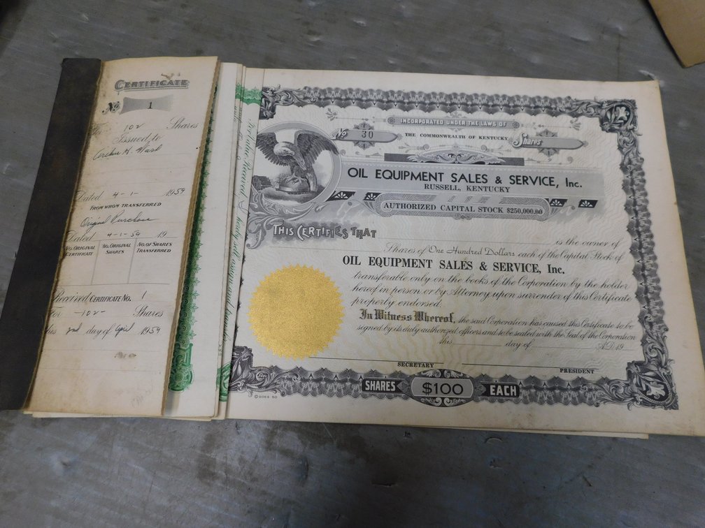 Vintage Oil Equipment Sales & Service Russell, Kentucky Capitol Stock Papers