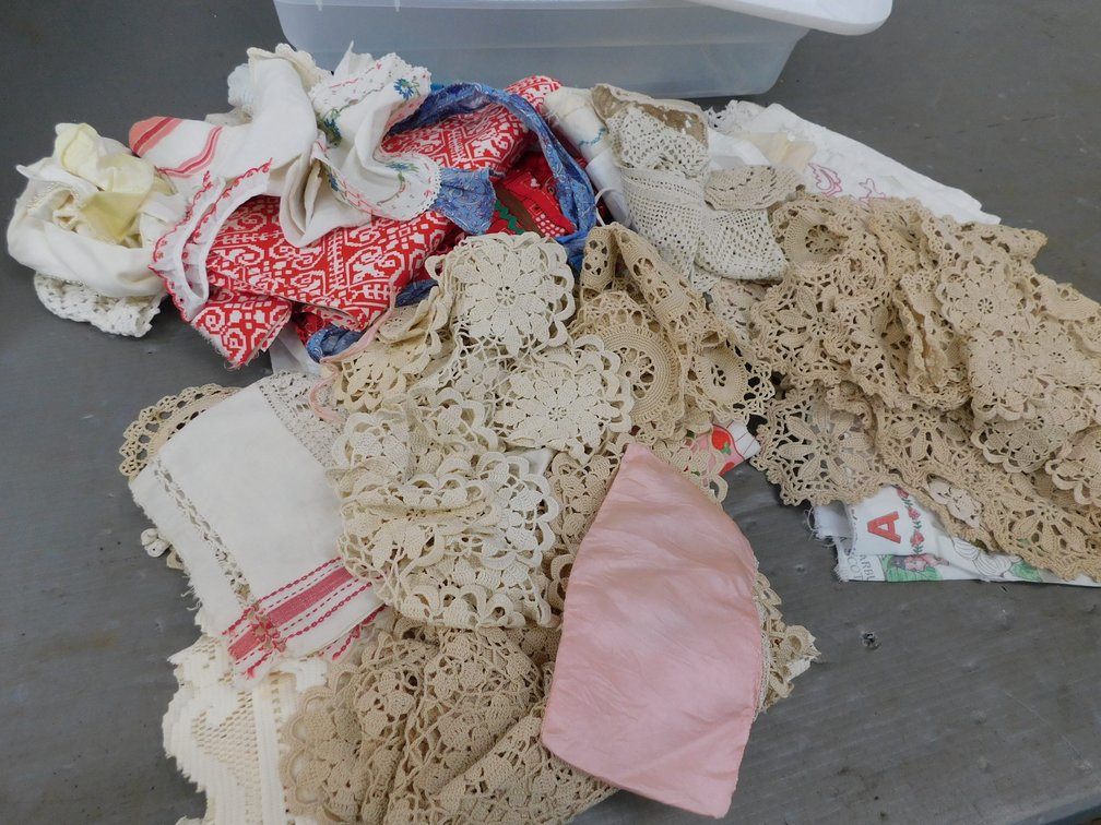 Tote with Assorted Doilies, Apron etc.
