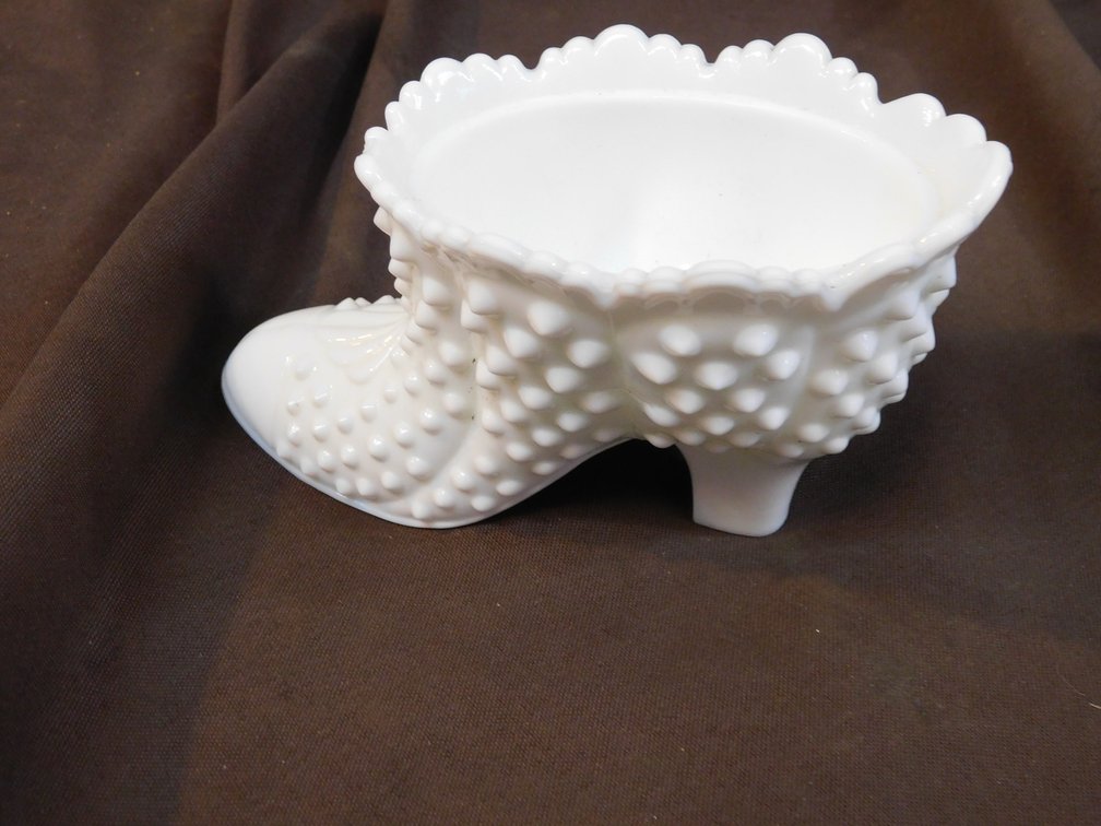 Vintage Fenton Milk Glass Hobnail Boot 6"