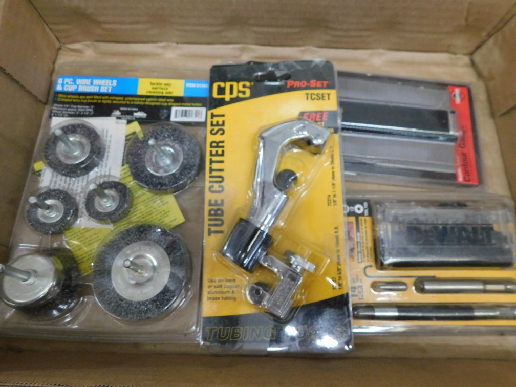 Lot of CPS Pro-Set Tube Cutter, wire wheels, DeWalt Bits, and etc. in flat