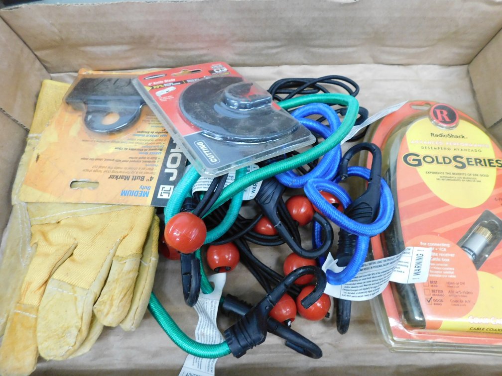 Lot of assorted gloves, knife blade, straps, coax cable, etc. in flat