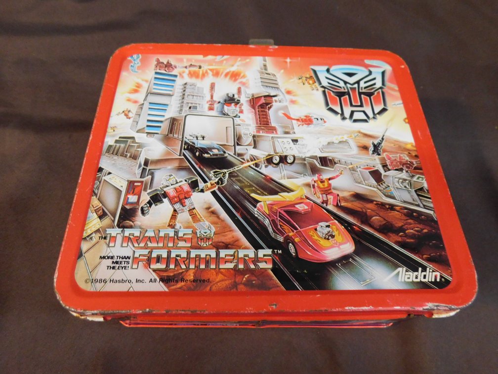 1986 Hasbro Aladdin Trans Formers Metal Lunch Box with Thermos