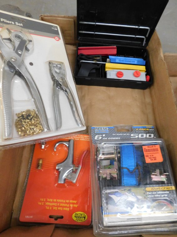 Lot of assorted smith precision sharpening kit, hole punch, etc. in flat