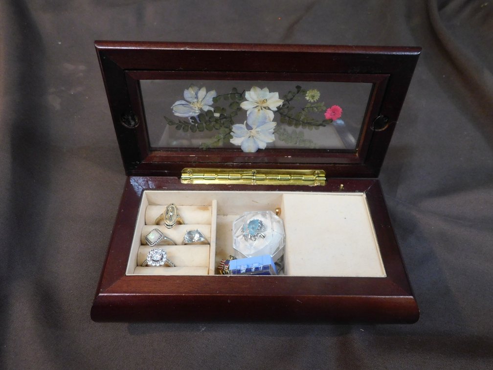Small Jewelry Box with Costume Jewelry 8" x 4" x 2 1/2"