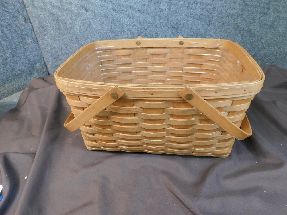 1992 Longaberger Basket with Protector 11 1/2" x 16" x 9", Protector has some Damage