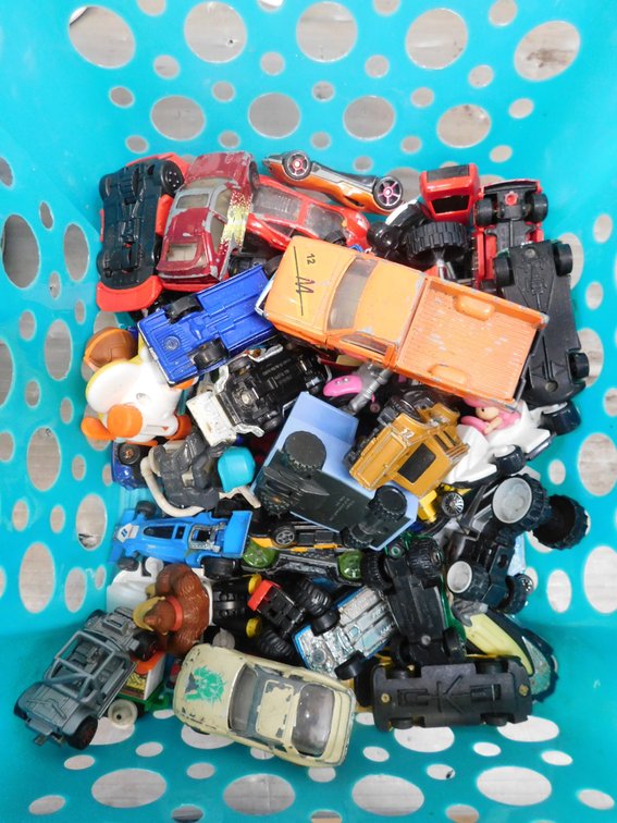 Plastic Bin with Assorted Die Cast Toy Vehicles